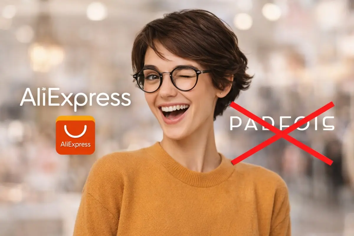 Mujer joven con gafas sonriendo y guiñando un ojo junto al logo de AliExpress y la palabra Parfois tachada con una X roja