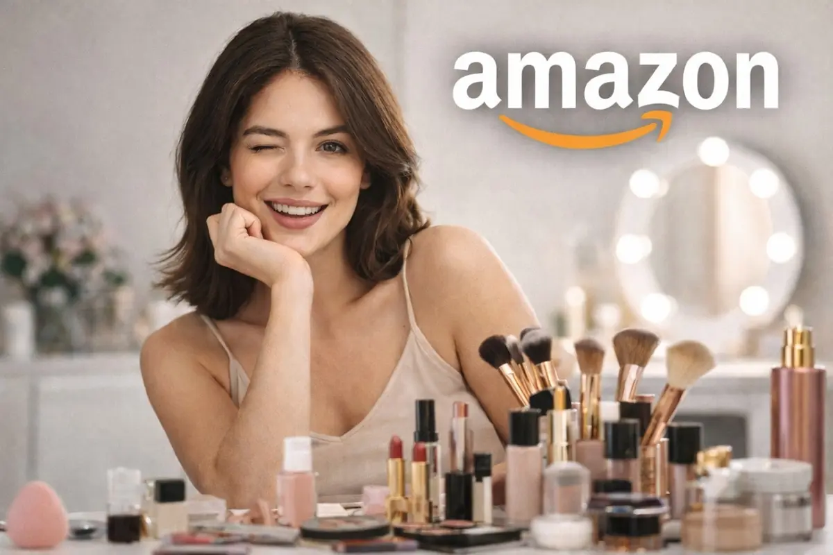 Mujer sonriendo y guiñando un ojo frente a una mesa llena de productos de maquillaje con el logo de Amazon al fondo