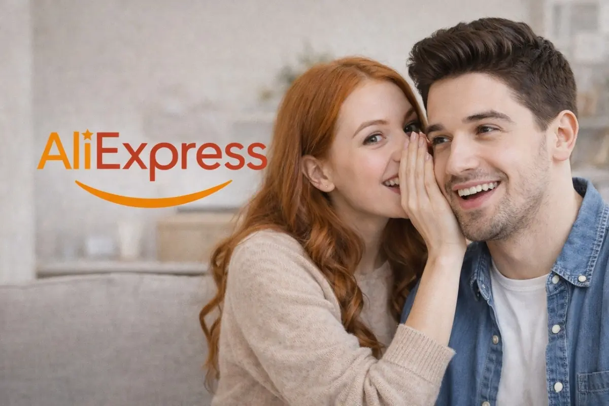Pareja joven sonriendo mientras la mujer susurra al oído del hombre con el logo de AliExpress al fondo