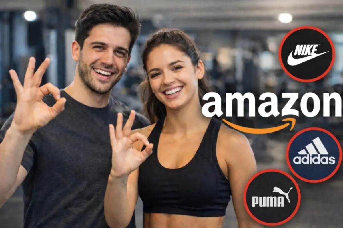 Pareja joven, vestidos con ropa deportiva y haciendo ok con las manos, en un gimnasio y con los logos de Amazon, Nike, Adidas y Puma