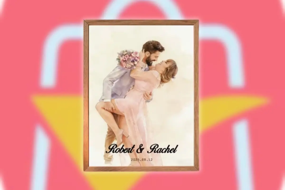 Ilustración romántica de una pareja abrazada con ramo de flores en un cuadro con marco de madera sobre el logo desenfocado de AliExpress