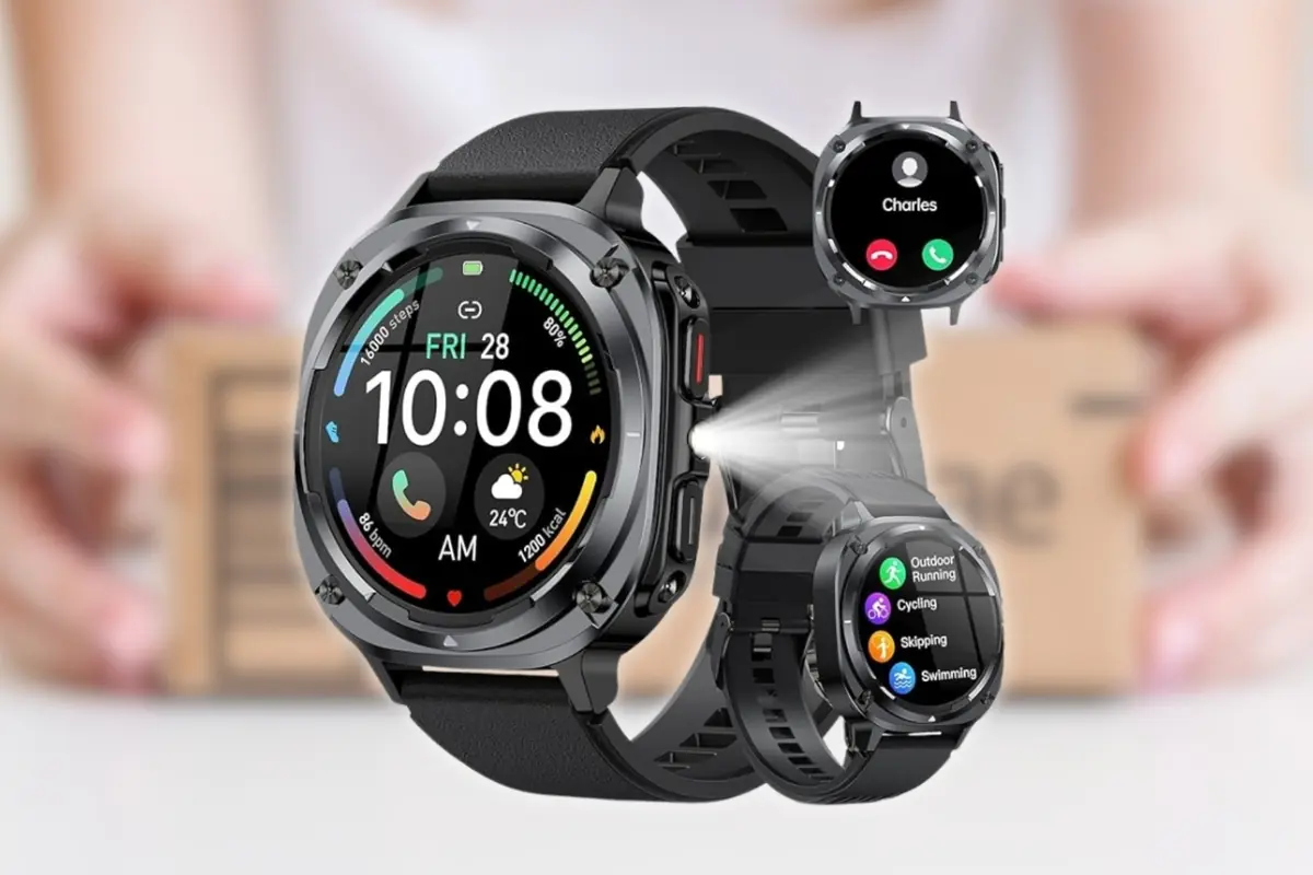 Reloj inteligente negro con pantalla táctil a color que muestra hora notificaciones llamadas y modos deportivos sobre un fondo desenfocado con una caja