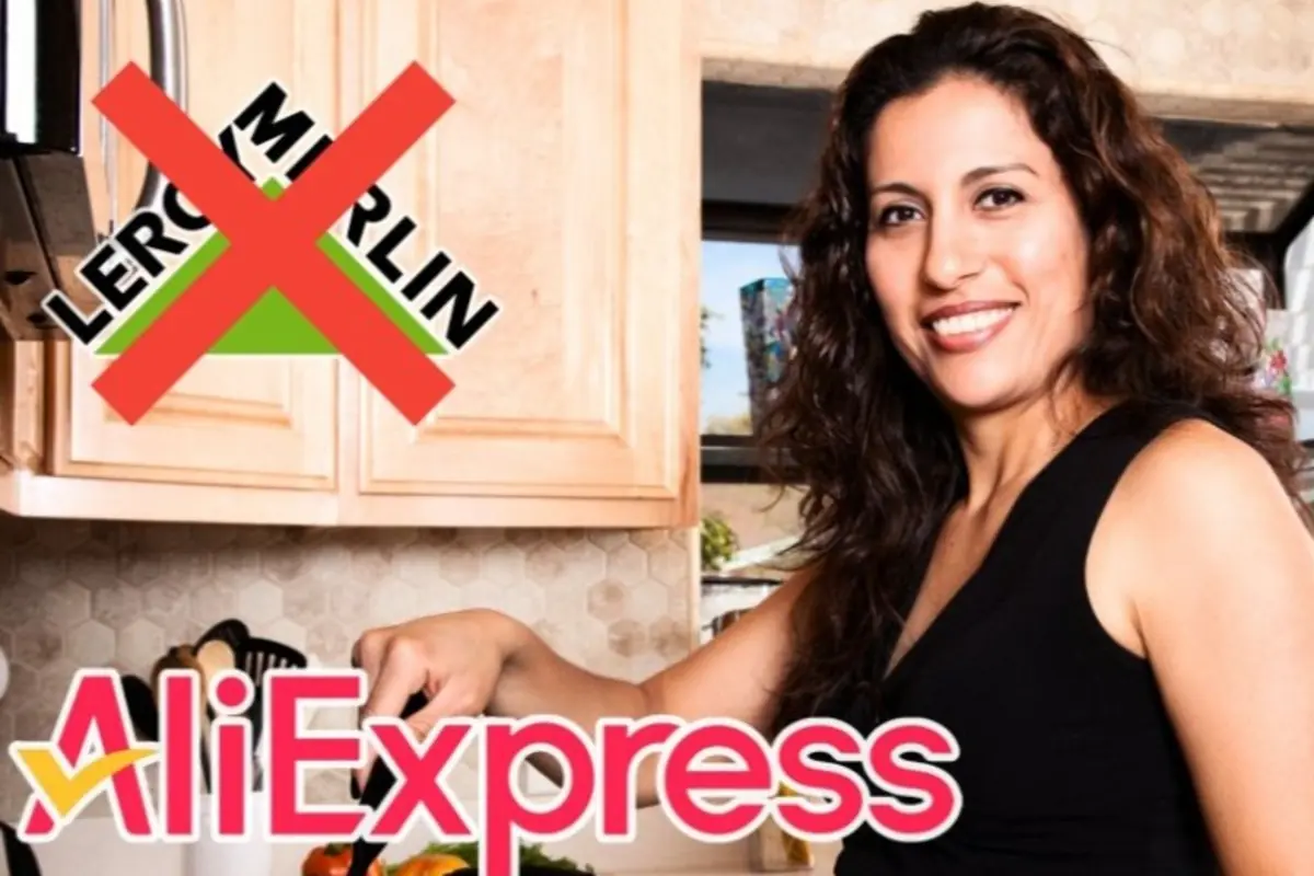 Mujer sonriendo mientras cocina en una cocina moderna con el logo de Leroy Merlin tachado y el logo de AliExpress en primer plano