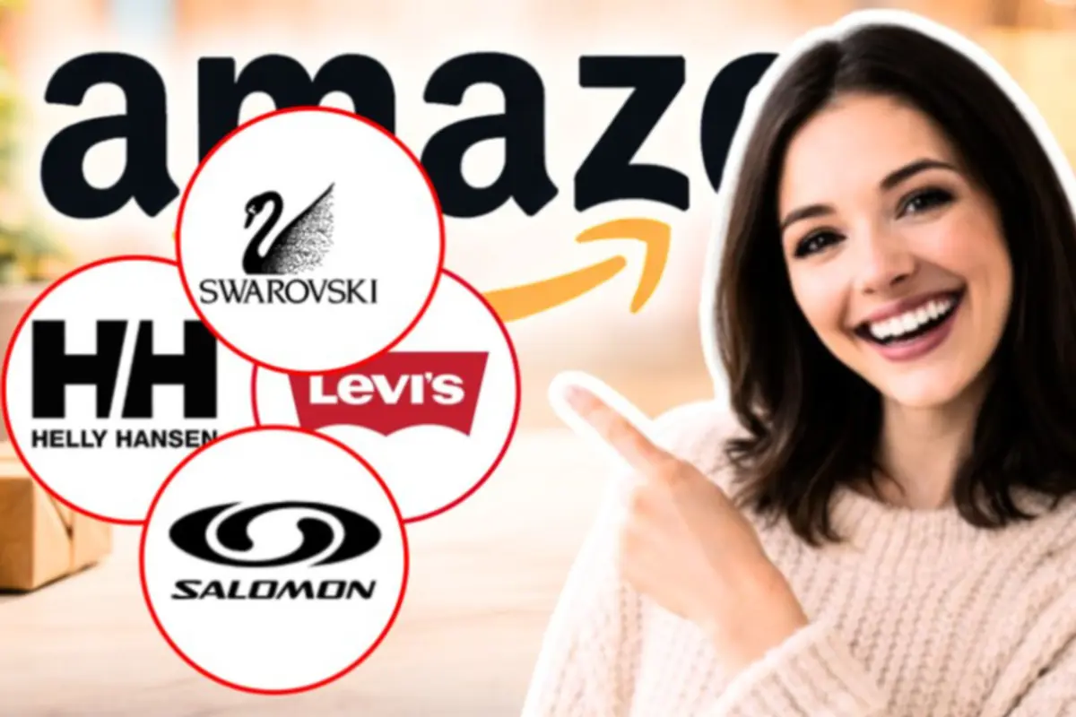 Mujer sonriente señalando el logo de Amazon junto a los logotipos de las marcas Swarovski Helly Hansen Levi’s y Salomon