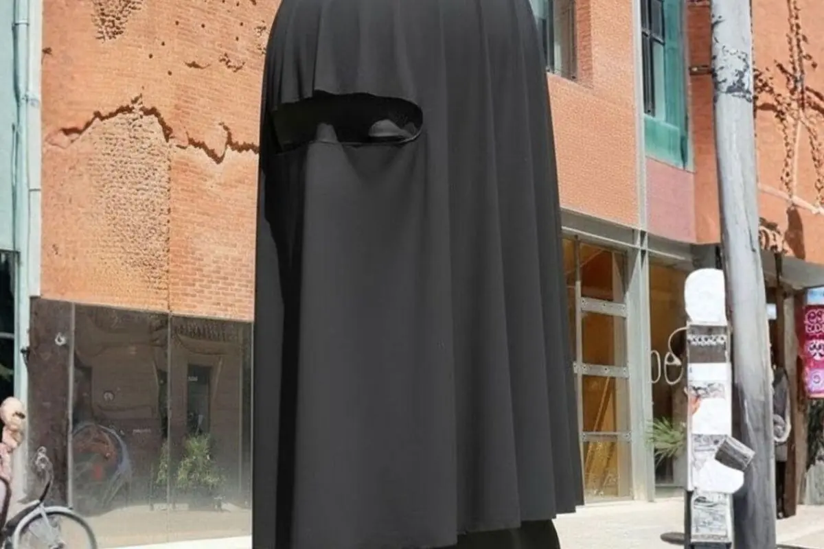 Persona al carrer coberta completament per una tela negra amb només una obertura horitzontal per als ulls davant d’un edifici de maó