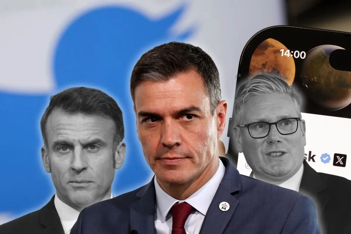 Muntatge de tres polítics en primer pla amb el logotip d’una xarxa social blava de fons i un telèfon mòbil que mostra l’aplicació X