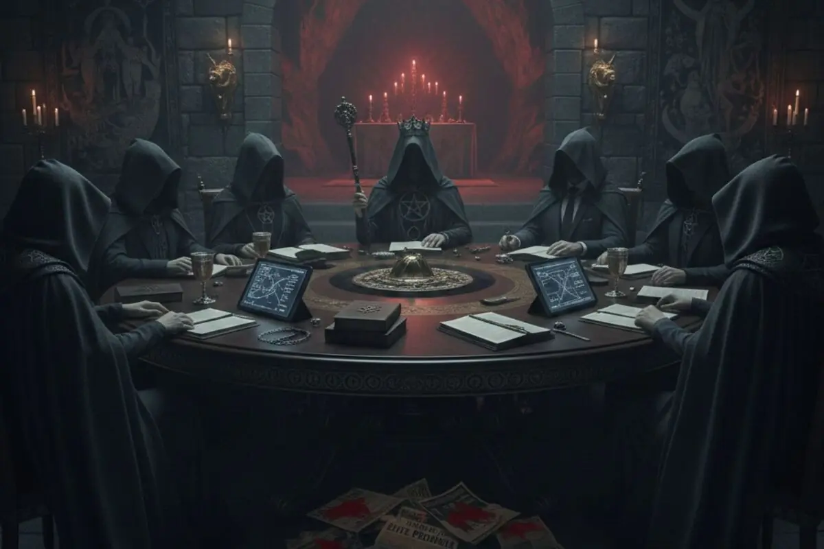 Consell secret de figures encaputxades amb símbols esotèrics reunides al voltant d’una taula rodona en una sala fosca il·luminada per espelmes.