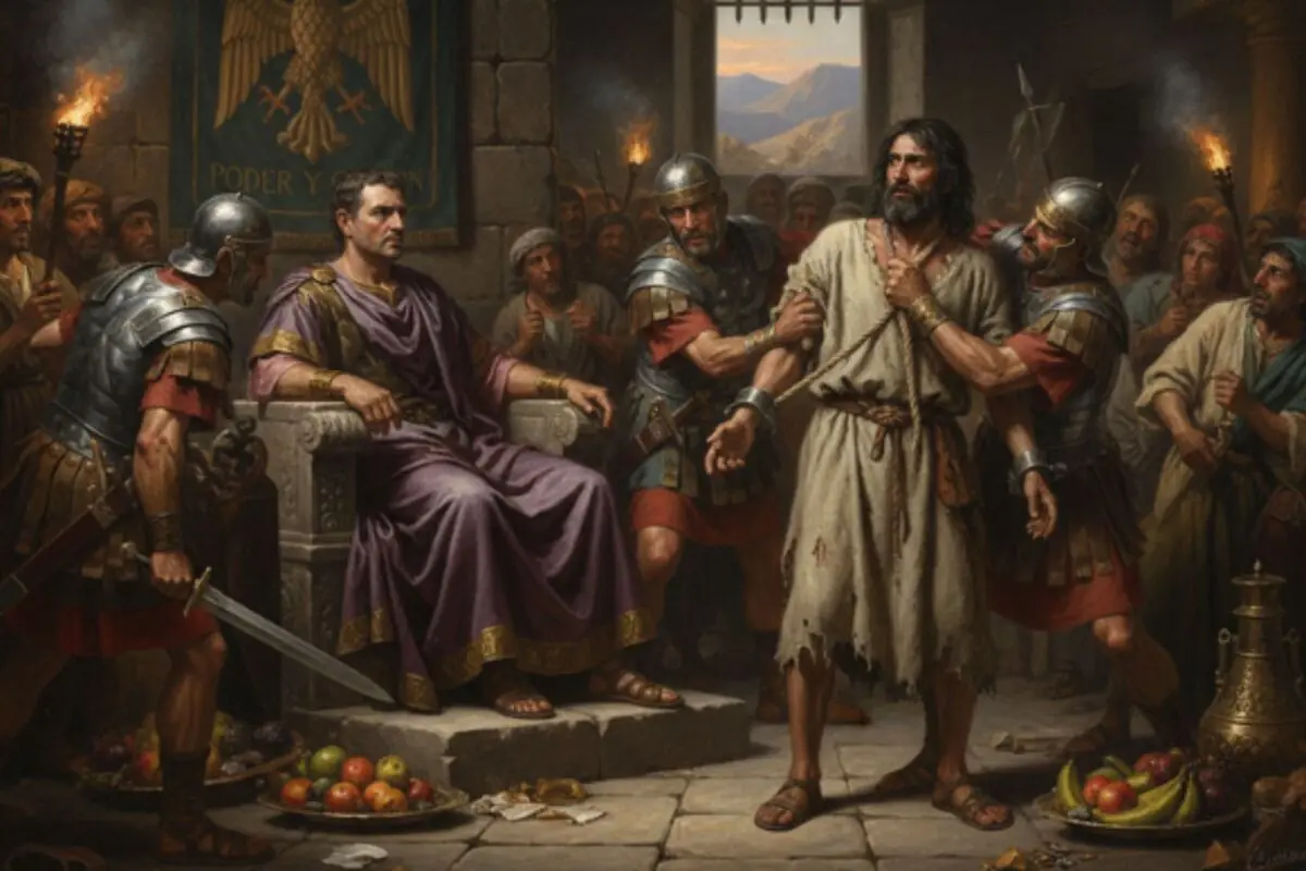 Pintura històrica d’un governador romà assegut al seu tron mentre soldats armats presenten un presoner amb una túnica desgastada davant d’una multitud en una sala de judici antiga.