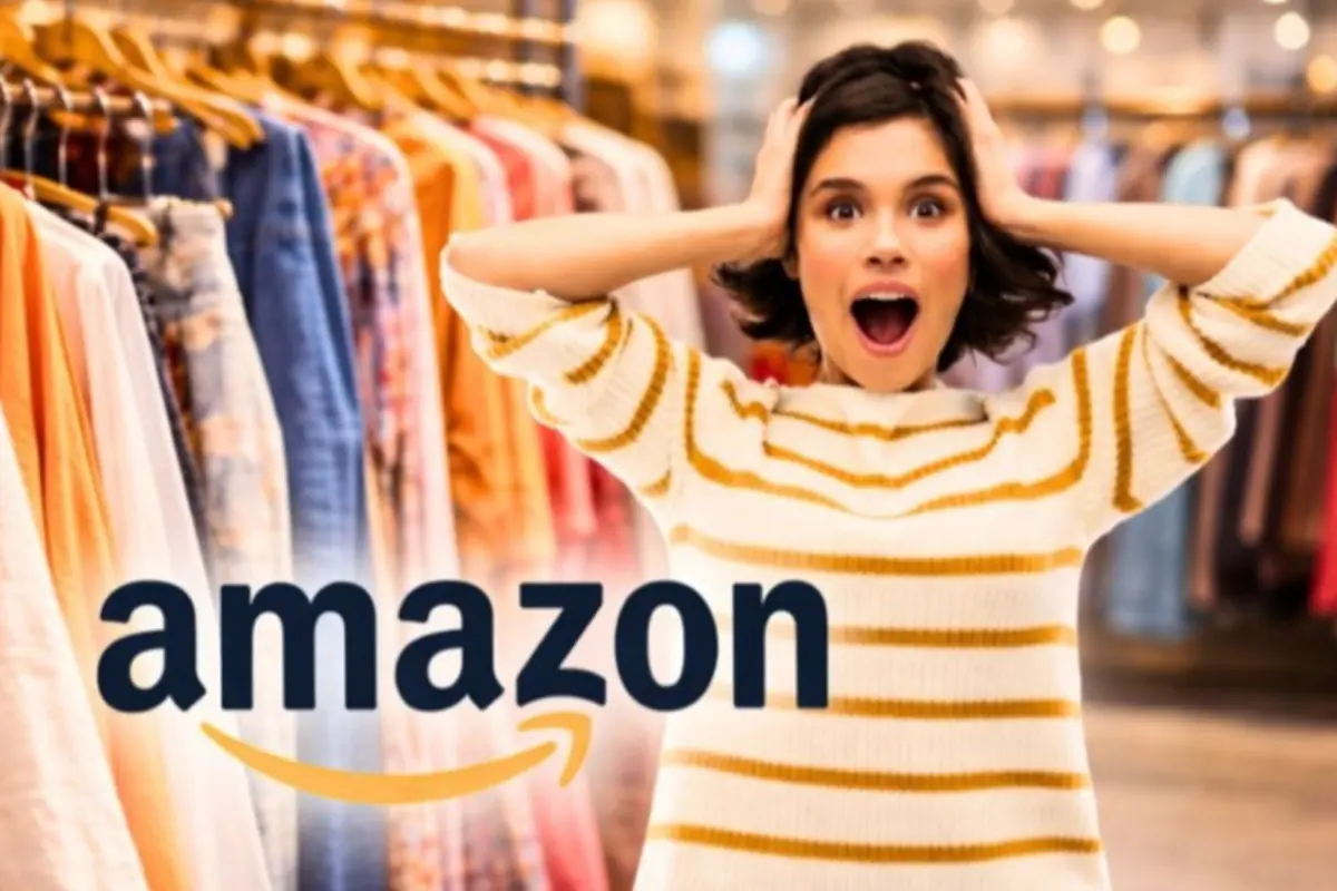 Mujer sorprendida en una tienda de ropa con el logo de Amazon en primer plano