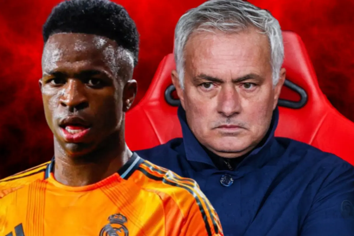 Futbolista del Reial Madrid amb samarreta taronja al costat d’un entrenador de gest seriós assegut en una banqueta vermella sobre un fons vermell intens