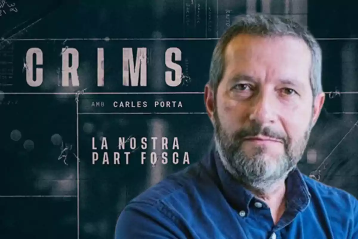 Carles Porta amb camisa blava apareix davant d'un fons fosc amb text que diu "CRIMS" i "LA NOSTRA PART FOSCA".