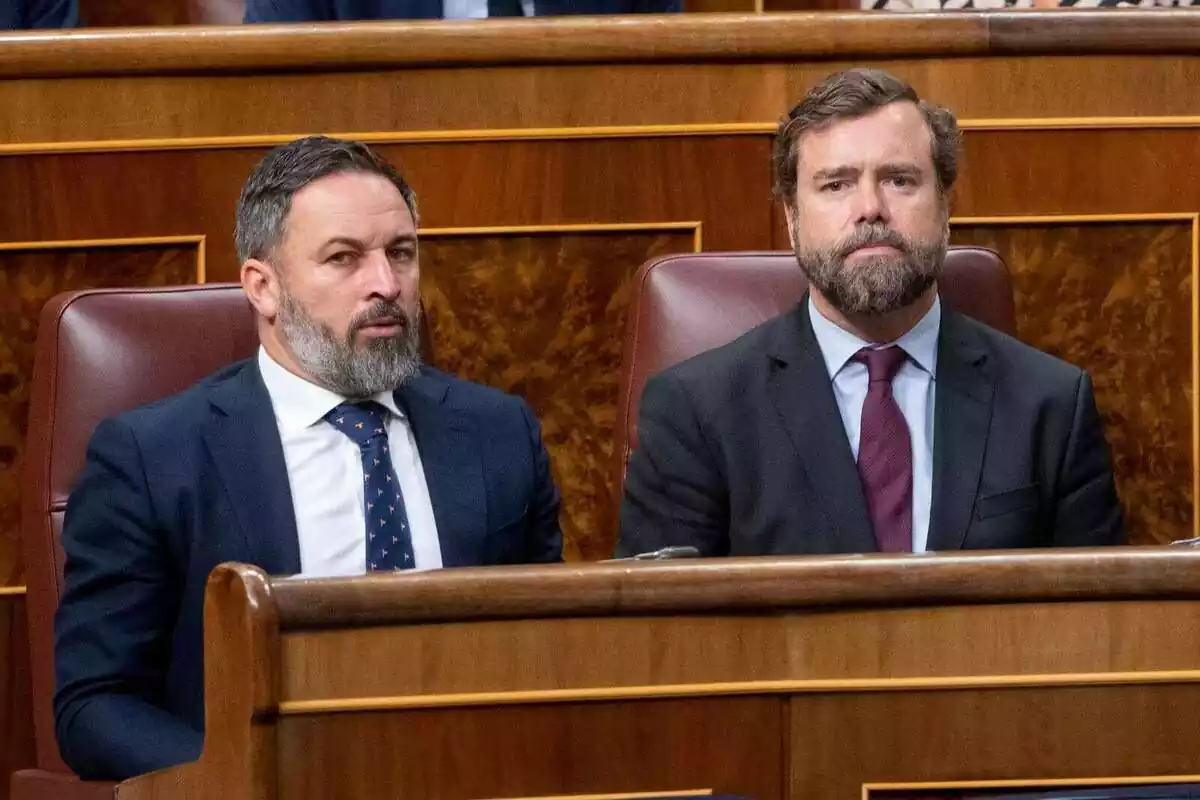 Santiago Abascal i Iván Espinosa dels Monteros asseguts al Congrés dels Diputats i mirant a cambra