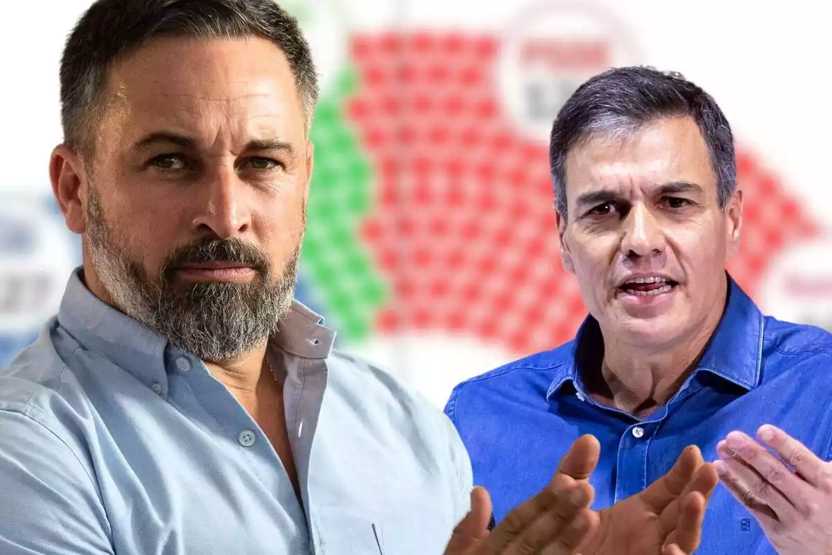 Muntatge de dos plans mitjans de Santiago Abascal amb cara seriosa i Pedro Sánchez amb cara d'enfadat i una gràfica difuminada d'un sondeig de fons