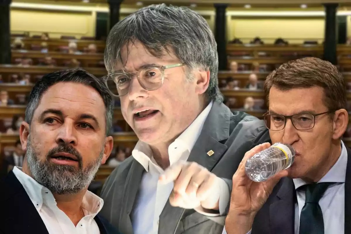 Muntatge amb Santiago Abascal, Carles Puigdemont i Alberto Núñez Feijóo amb una imatge de fons del Congrés dels Diputats