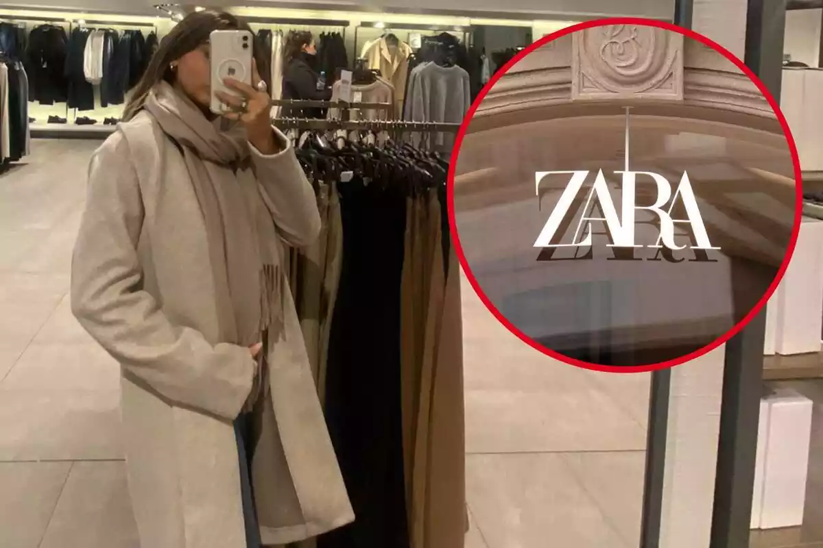 Imatge de fons d´una persona en una botiga Zara amb un abric llarg de la botiga en color beix i una altra imatge d´un logo de Zara