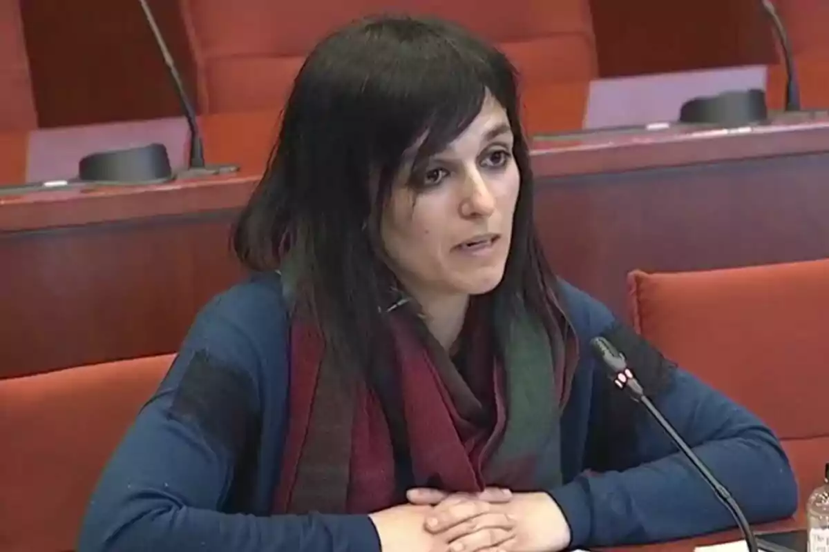 Una persona con cabello oscuro y bufanda está hablando frente a un micrófono en una sala de conferencias con asientos rojos.