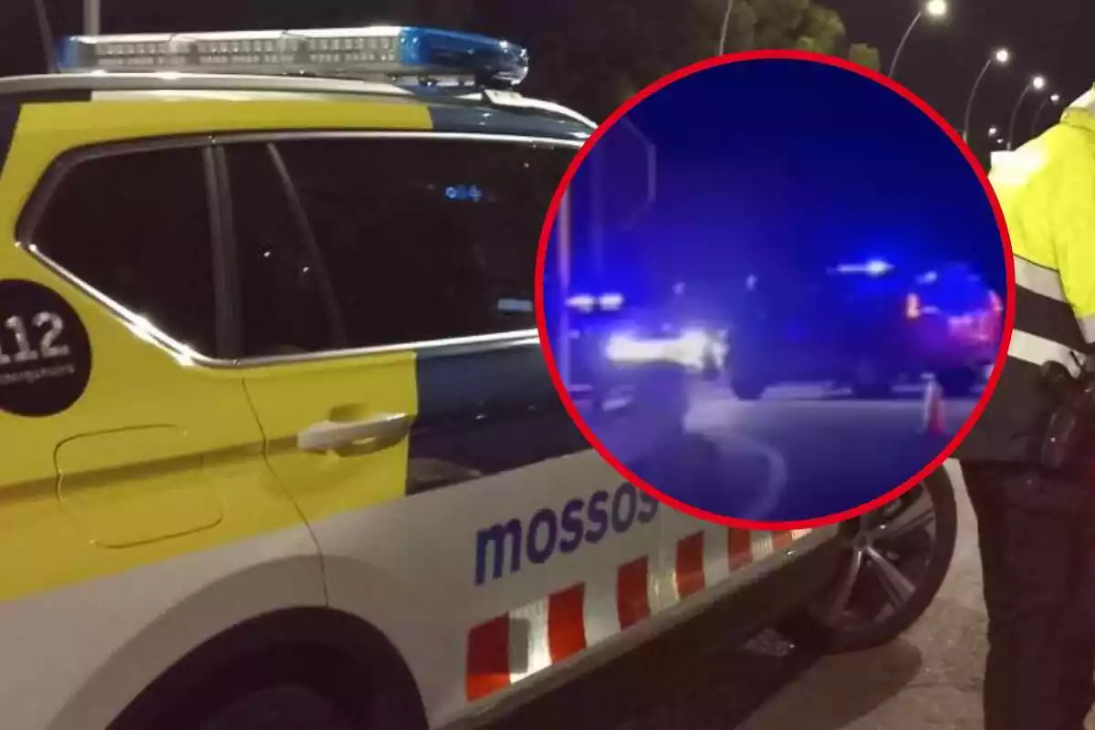 Muntatge amb una foto d'un vehicle dels Mossos d?Esquadra i un marc amb una captura d?un vídeo de l?accident de Palau-Saverdera