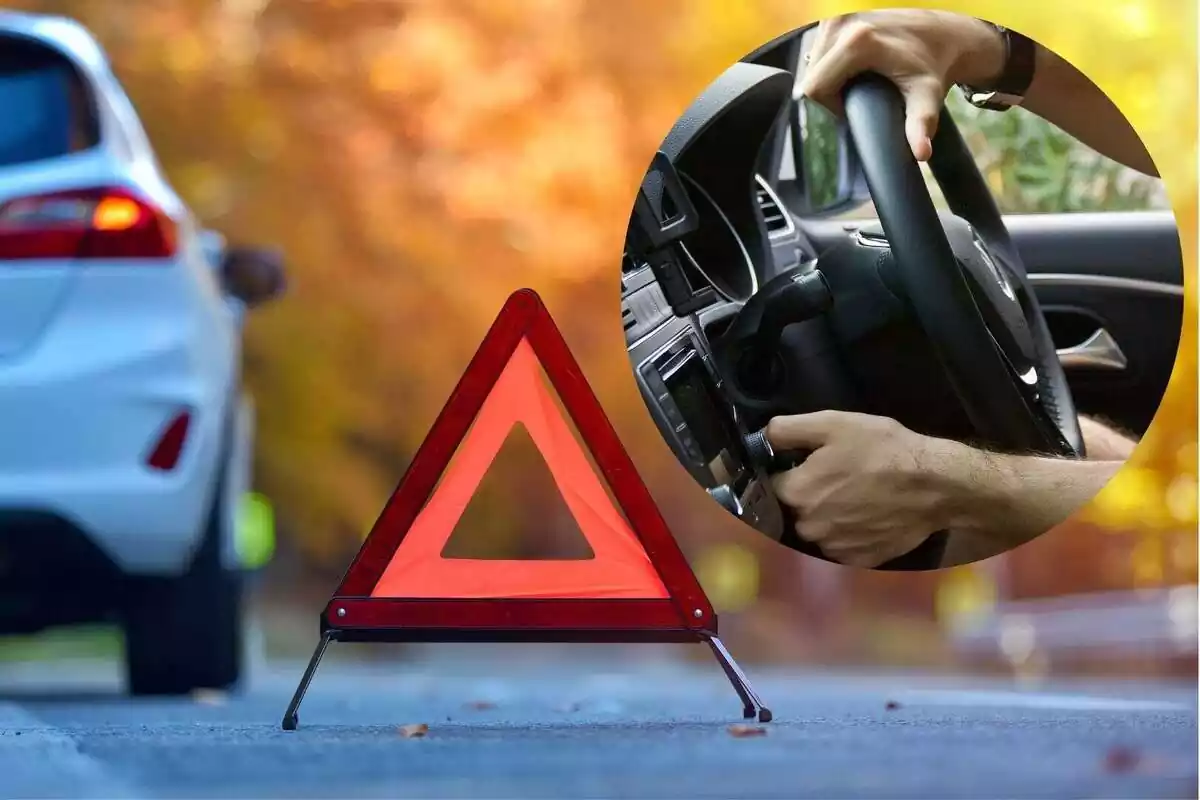Una imatge d'un cotxe aturat a la carretera amb un triangle de senyalització col·locat a terra i una altra imatge de mans d'una persona al volant d'un cotxe i tocant un botó de la ràdio