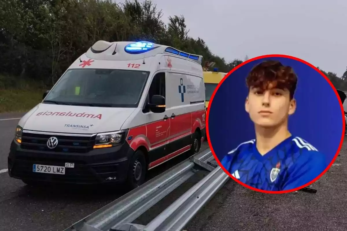 Una ambulància està estacionada en una carretera i al costat hi ha un cercle vermell amb la imatge d'un jove amb samarreta blava. Una ambulància està estacionada en una carretera i al costat hi ha un cercle vermell amb la imatge d'un jove amb samarreta blava.