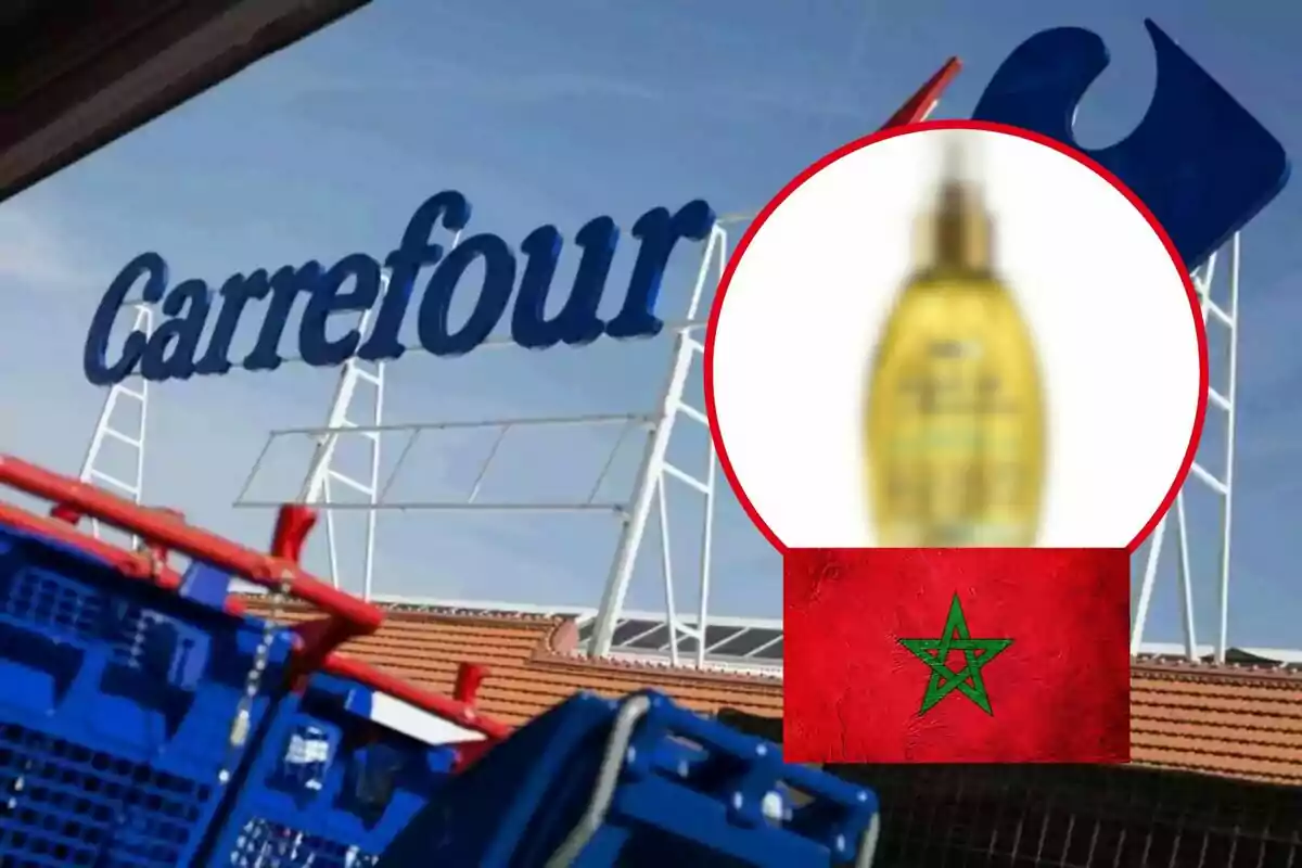 Façana d'un supermercat Carrefour amb un carretó de compres en primer pla i una imatge borrosa d'un producte en un cercle vermell sobre la bandera del Marroc.