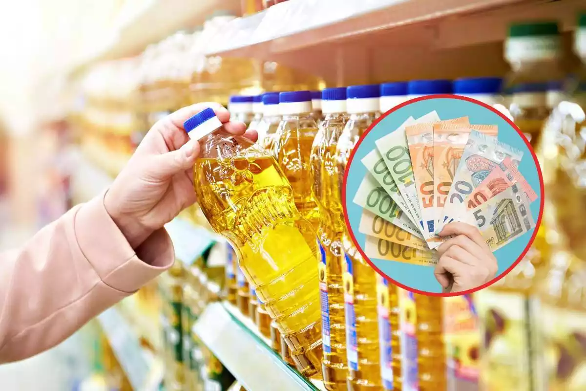 Muntatge amb ampolles d'oli del supermercat i bitllets d'euro