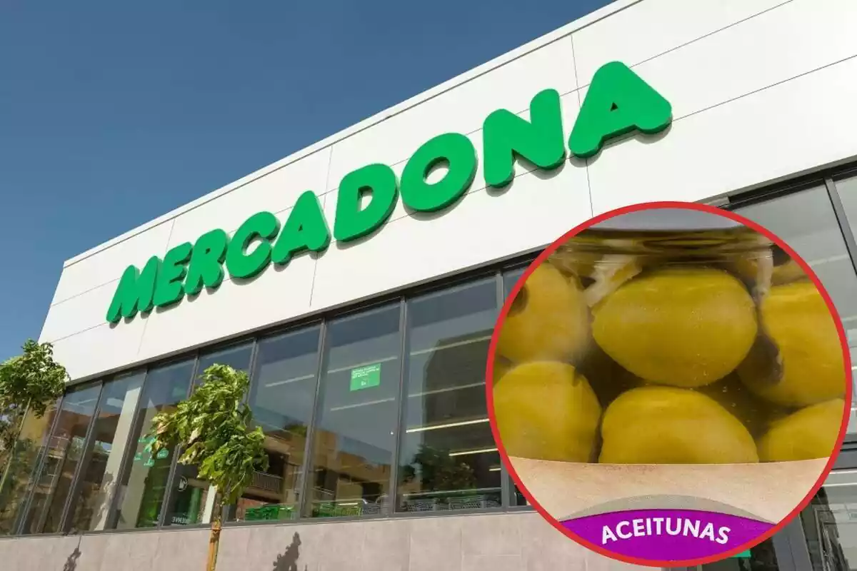 Muntatge amb la façana d'un supermercat de Mercadona i en un cercle les olives amb toc picant