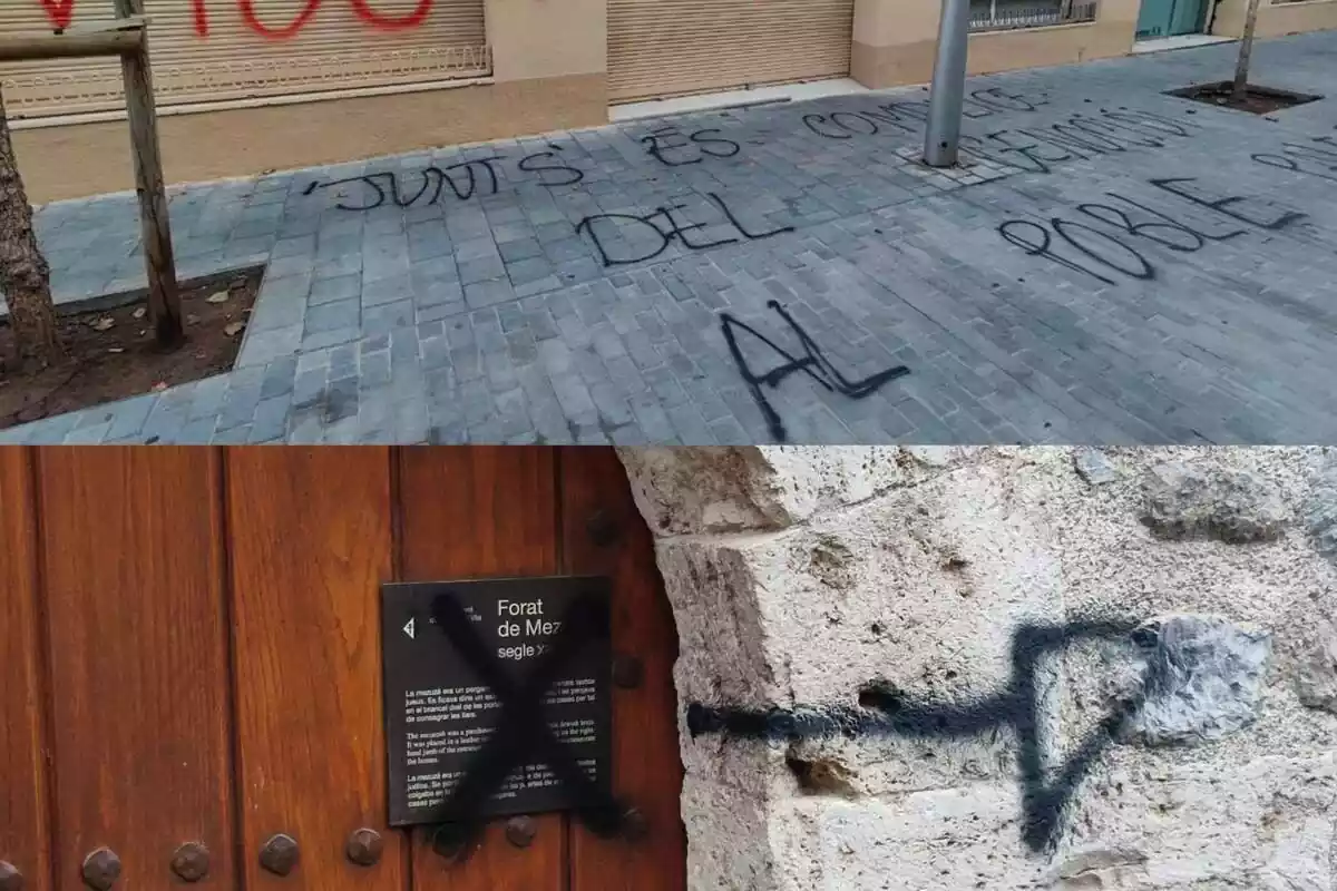 Muntatge amb dos actes vandàlics antiisraelians a Catalunya: a dalt, una pintada de "Junts és complici del genocidi al poble palestí" a la seu de Junts. I a sota una pintada amb una creu en una porta de les restes històriques del call jueu de Besalú