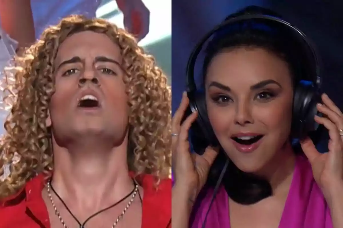 Dues persones en un escenari de Tu Cara Me Suena, Mikel Hergoz JR amb cabell arrissat i expressió intensa imitant David Bisbal, i Chenoa amb auriculars i expressió de sorpresa.