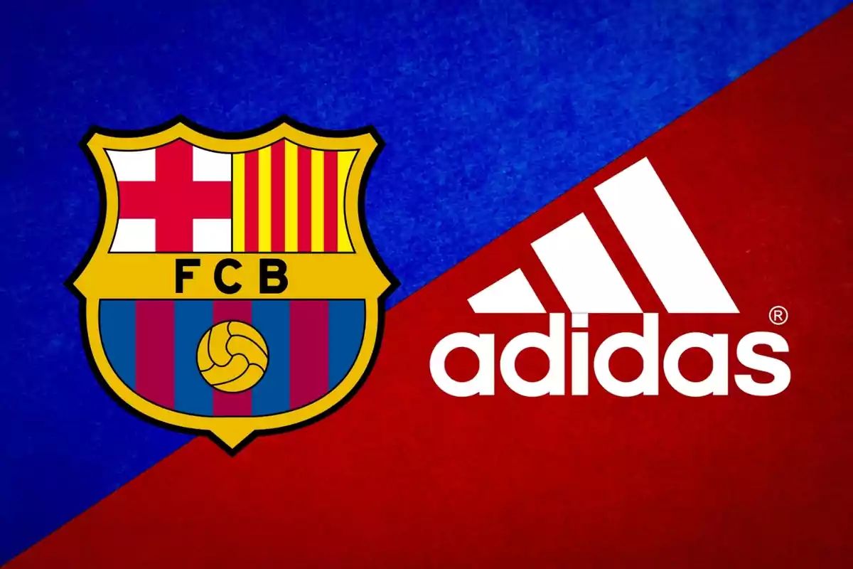 Escut del FC Barcelona a l'esquerra i logotip d'Adidas a la dreta sobre un fons dividit en blau i vermell.