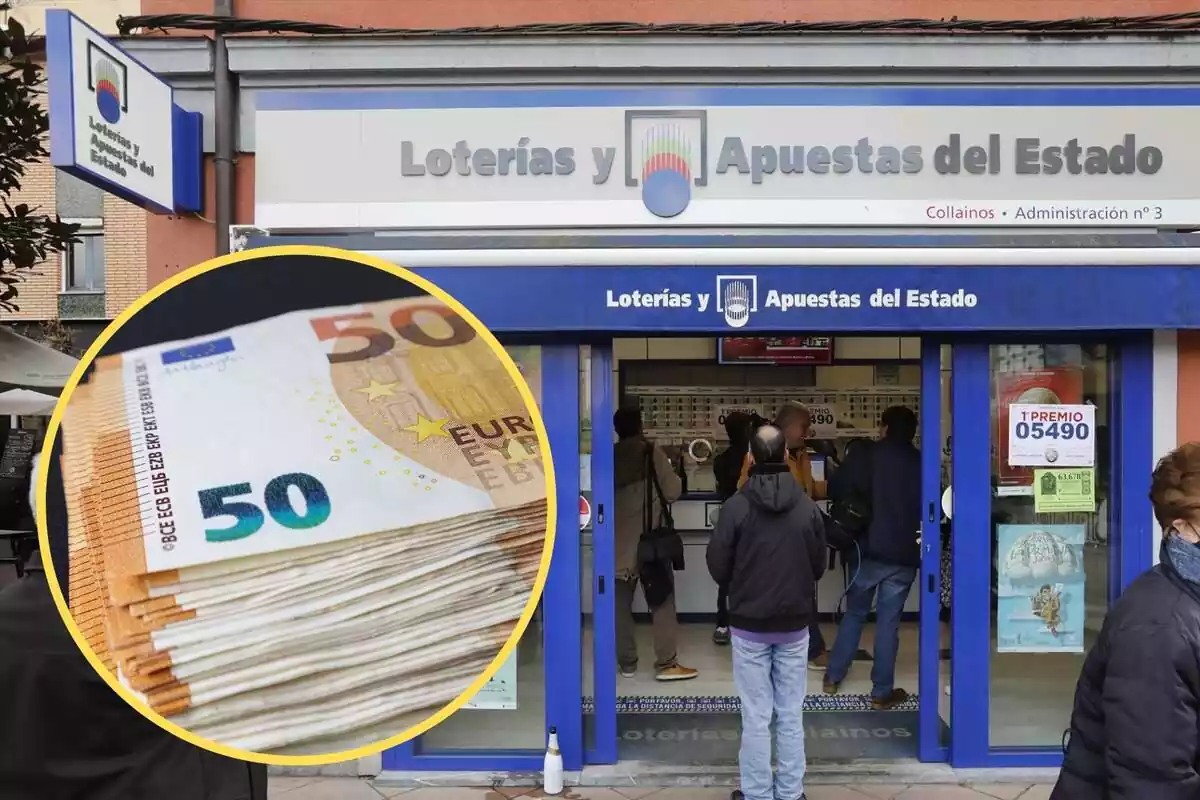 Muntatge amb una administració de Loteries i Apostes de l'Estat i un cercle amb diversos bitllets de 50 euros amuntegats