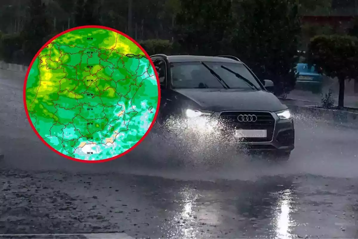 Muntatge fotogràfic entre un mapa de l'AEMET i un cotxe conduint amb pluja
