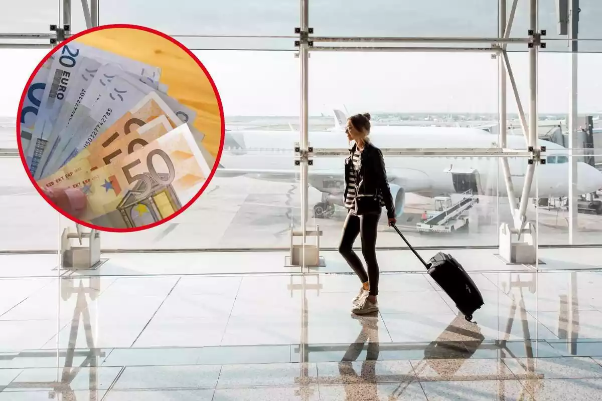 Una dona camina per l'aeroperto amb la maleta, i gen el cercle uns bitllets d'euro