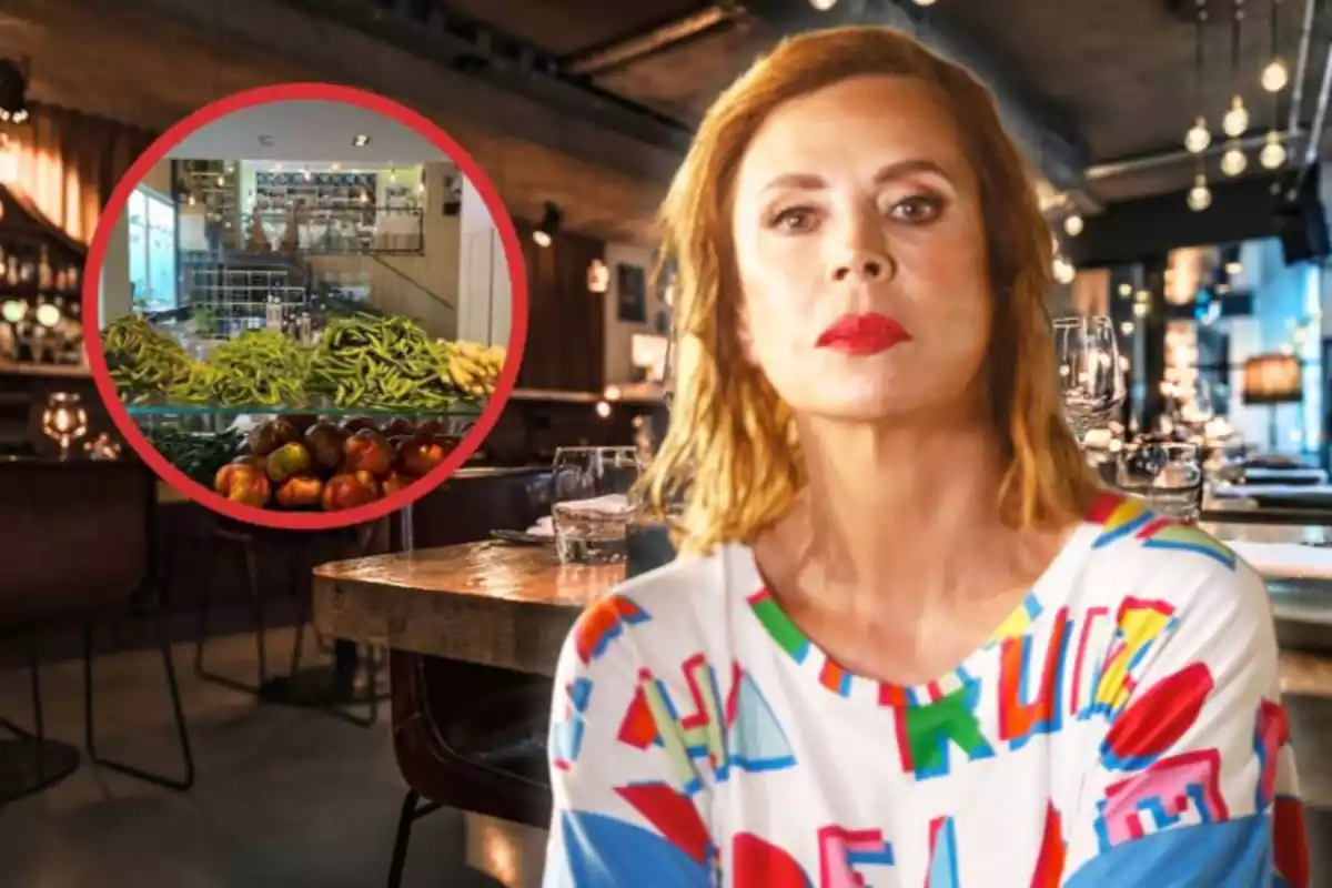 Àgatha Ruiz de la Prada sobre un fons d'un restaurant ia la dreta un hort