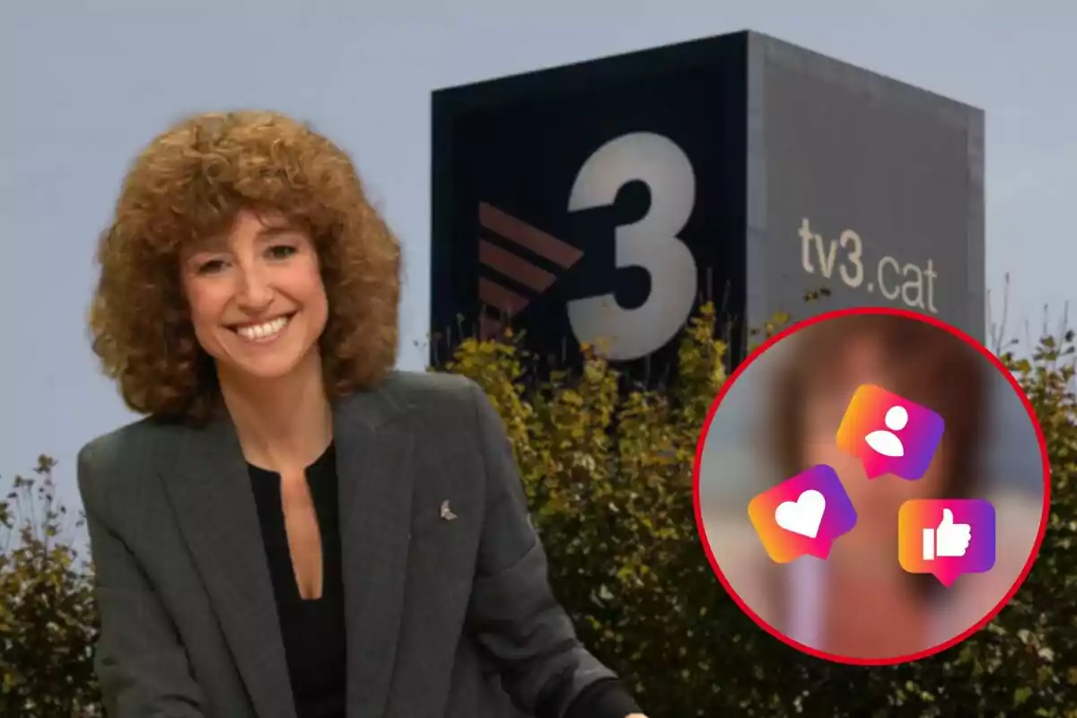 Una dona somrient amb cabell arrissat davant d'un cartell de TV3.cat i un cercle vermell amb icones de xarxes socials.