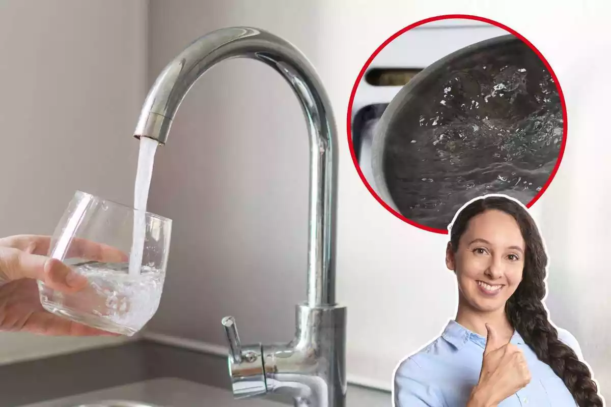 Imatge de fons d'una grip amb aigua sortint i un got a sota, i una altra imatge amb una olla amb aigua a dins i una dona amb gest d'aprovació