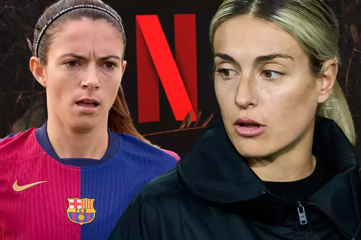 Dues dones, una amb samarreta del FC Barcelona i una altra amb jaqueta negra, amb el logotip de Netflix de fons.