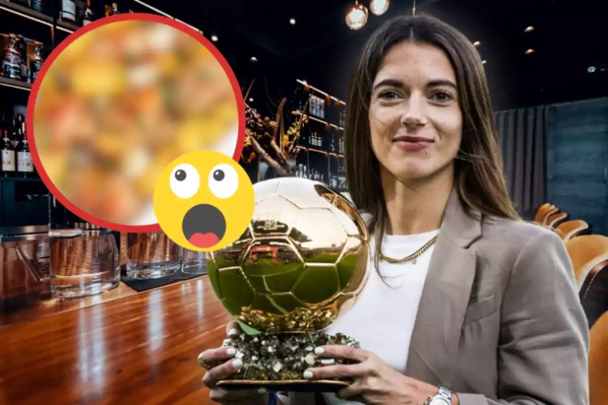 Aitana Bonmati sobre un fons d´un bar, una imatge borrosa i un emoji amb sorpresa