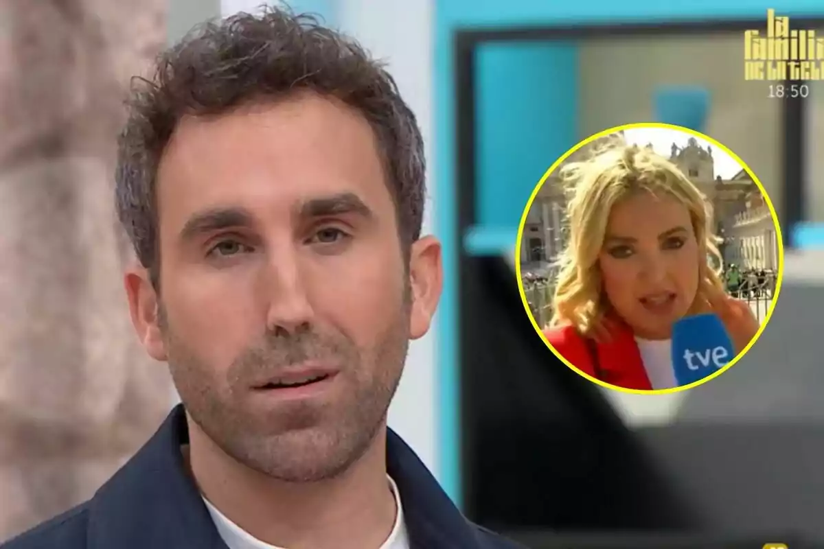 Aitor Albizua amb barba i cabell arrissat apareix en primer pla mentre a la cantonada superior dreta hi ha un requadre groc amb Marta Riesco rossa sostenint un micròfon de TVE a La Família de la Tele.