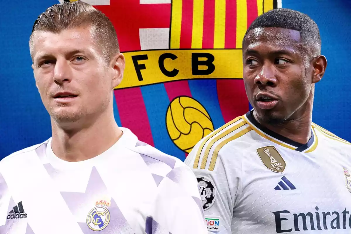 Toni Kroos i David Alaba sobre un fons amb una bandera del FC Barcelona