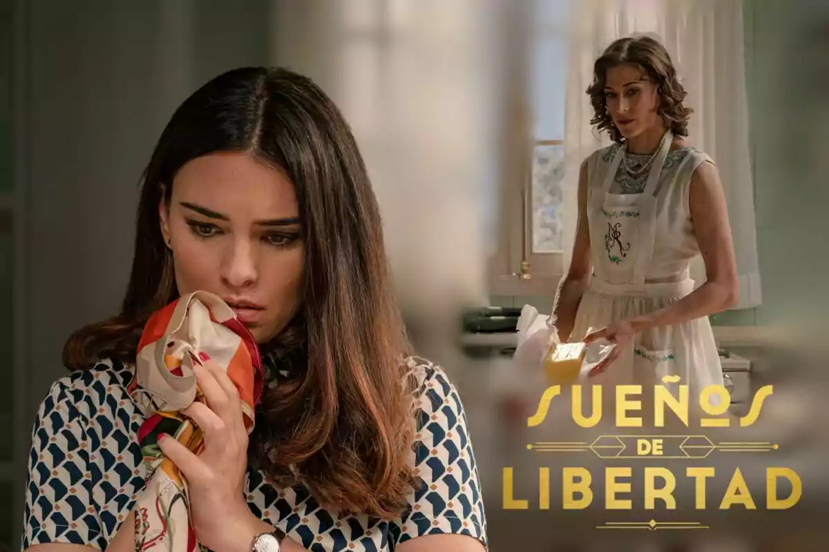 Dues dones en una escena d'una sèrie titulada "Sueños de Libertad" Alba Brunet com a Fina sosté un mocador mentre Marta Belmonte com a Marta de la Reina està en una cuina amb un davantal.