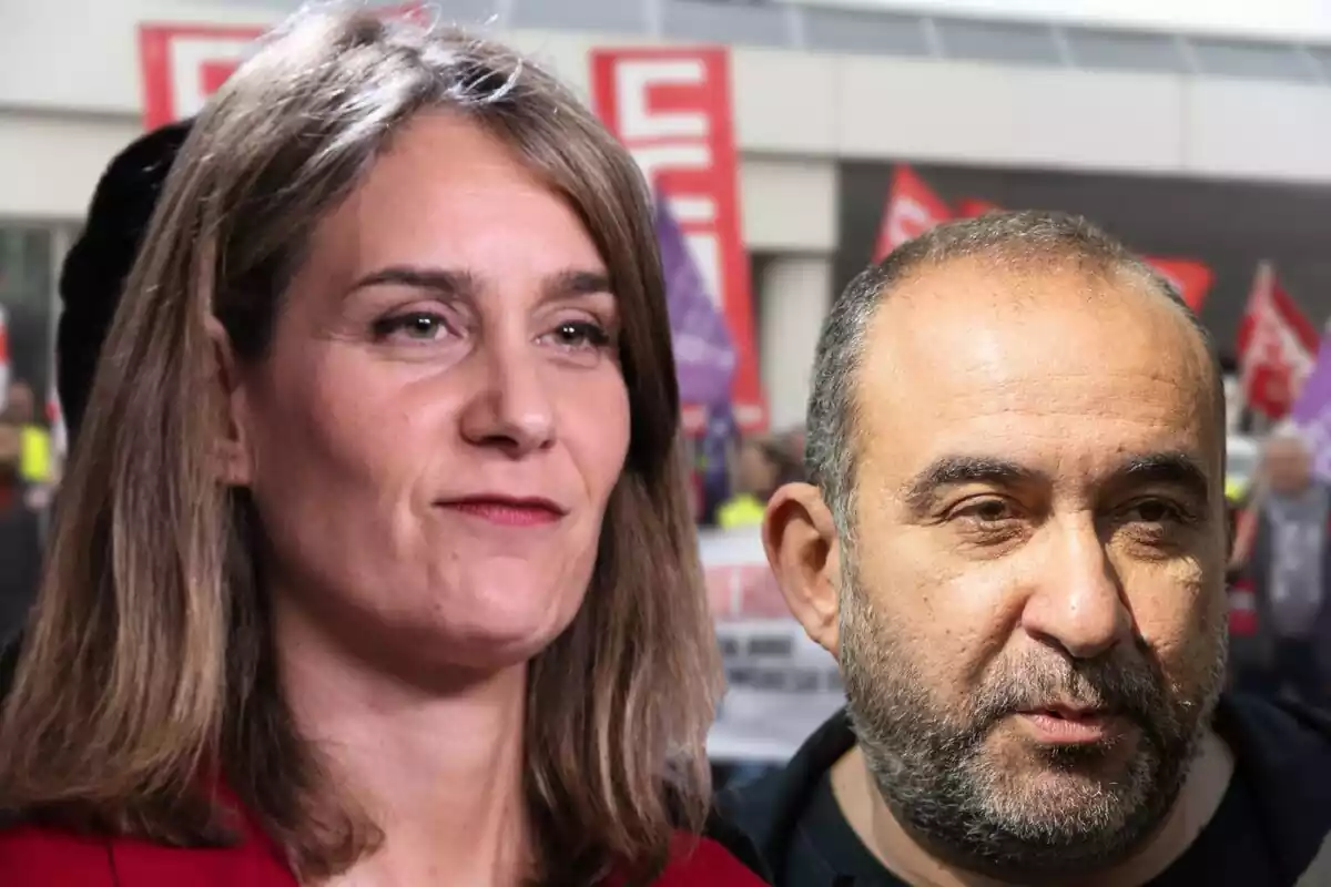 Muntatge amb un primer pla de Jessica Albiach i un altre de Javier Pacheco de CCOO, de fons una imatge difuminada d'una manifestació de CCOO