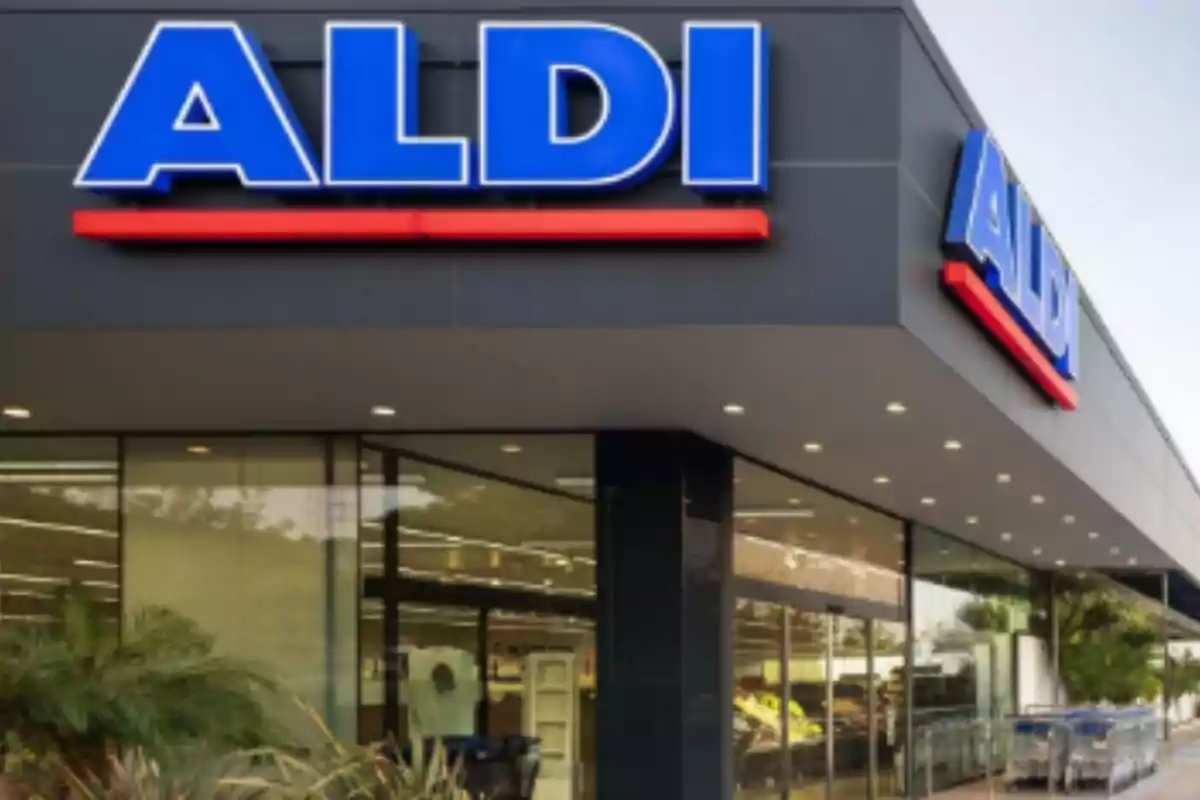 Storefront with the ALDI logo in large blue letters on a gray background.