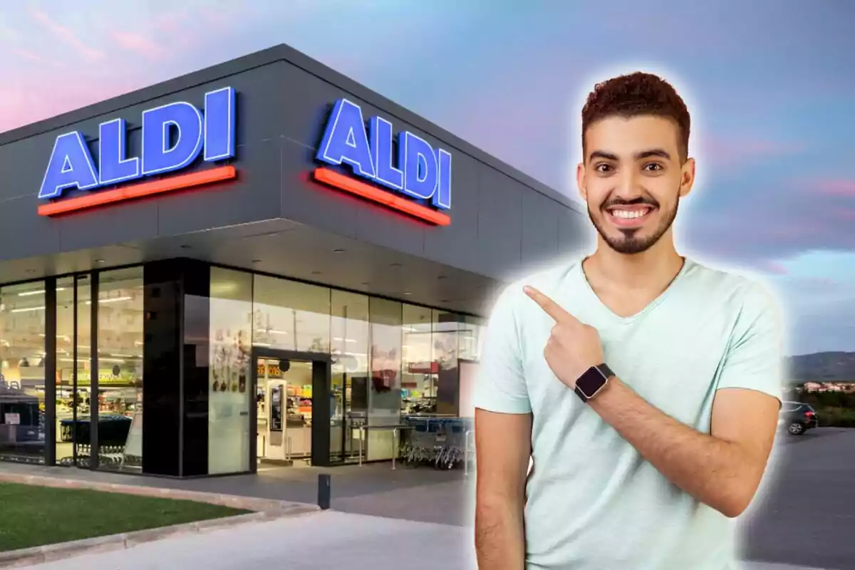 Un home somrient assenyalant una botiga d'Aldi.