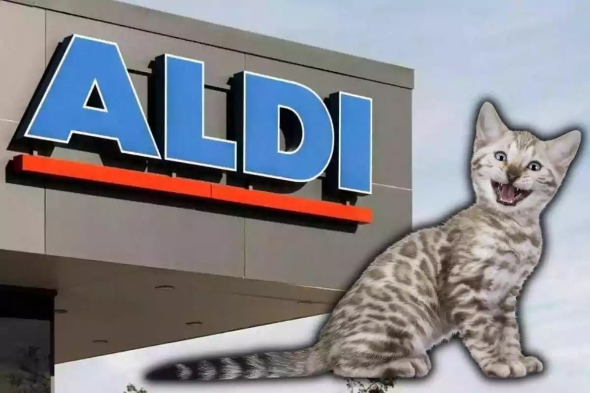 Un rètol d'ALDI amb un gat somrient en primer pla.