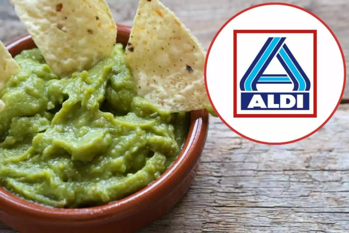 Un bol de guacamole amb totopos i el logotip d'Aldi. Un bol de guacamole amb totopos i el logotip d'Aldi.
