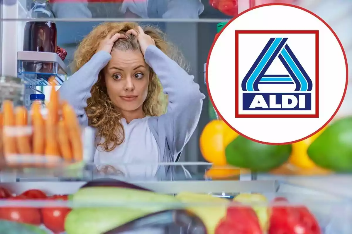 Una dona amb expressió de preocupació mira dins d'un refrigerador ple d'aliments mentre el logotip d'Aldi apareix en un cercle a la dreta de la imatge.