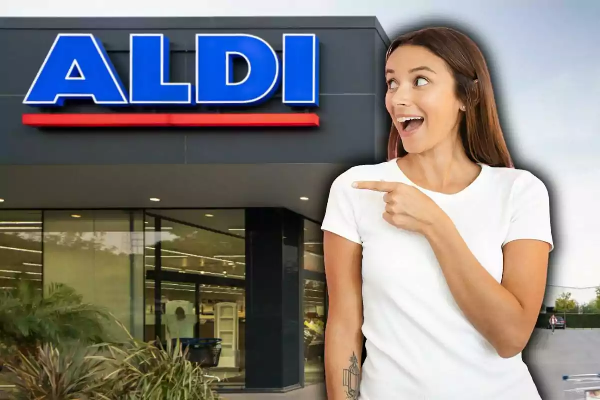 Dona assenyalant l?entrada d?una botiga Aldi.