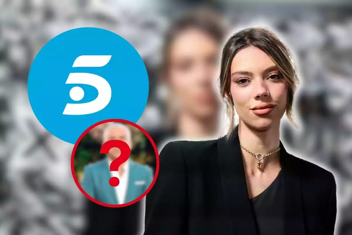 Alejandra Rubio en primer pla amb una foto desenfocada de Jorge Javier i el logotip de Telecinco