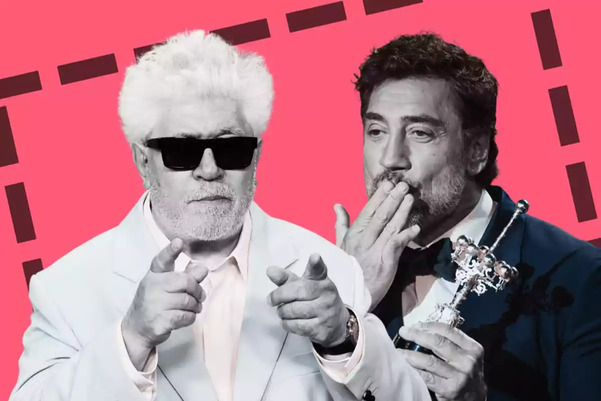 Pedro Almodóvar i Javier Bardem sobre un fons rosa amb línies negres.