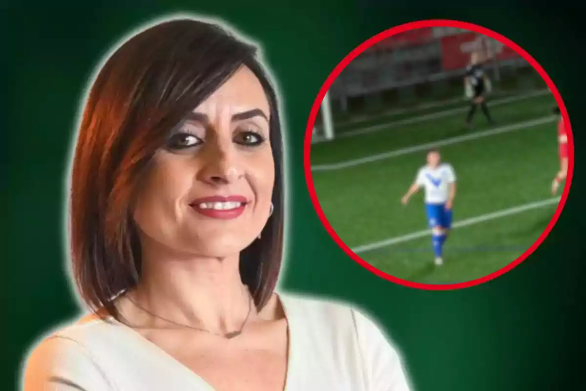 Una dona somrient amb cabells foscos i un fons verd, amb un requadre que mostra una escena d?un partit de futbol.